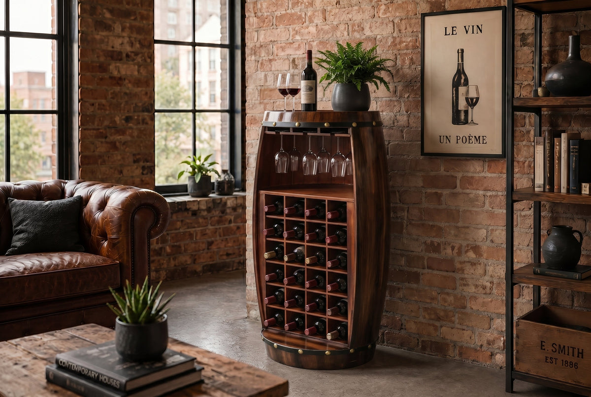 Casier à vin massif BODEGA 97cm table de bar tonneau en pin marron café pour 24 bouteilles
