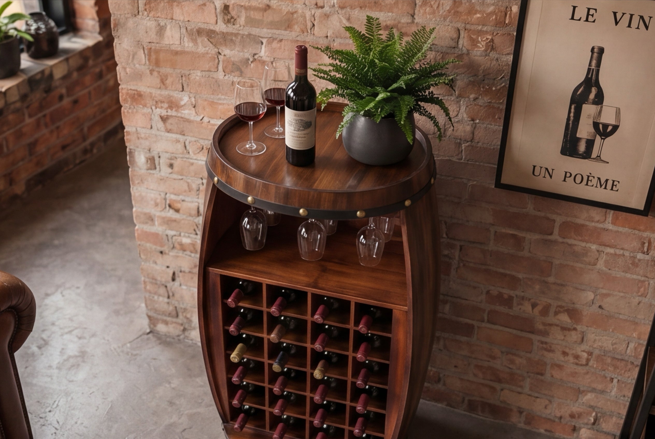 Casier à vin massif BODEGA 97cm table de bar tonneau en pin marron café pour 24 bouteilles
