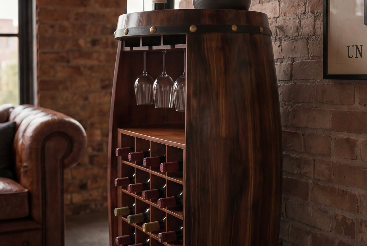 Casier à vin massif BODEGA 97cm table de bar tonneau en pin marron café pour 24 bouteilles