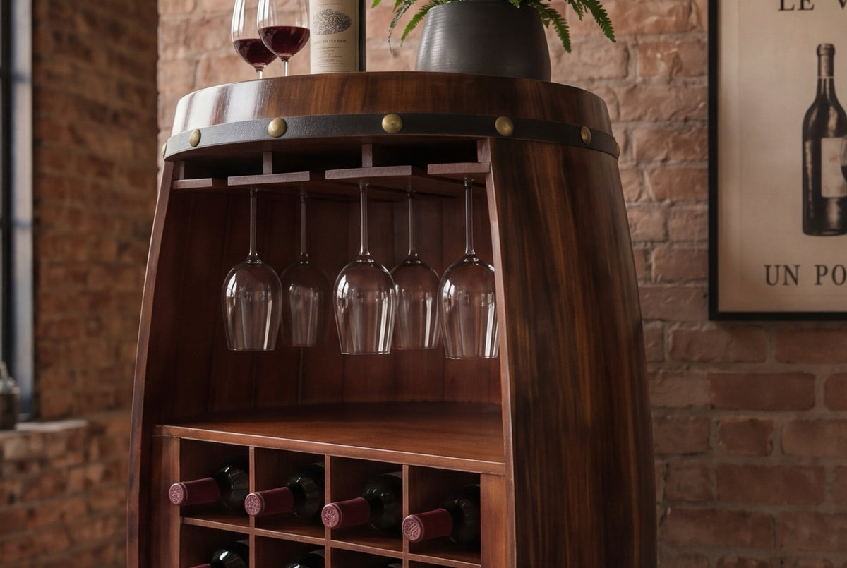 Casier à vin massif BODEGA 97cm table de bar tonneau en pin marron café pour 24 bouteilles