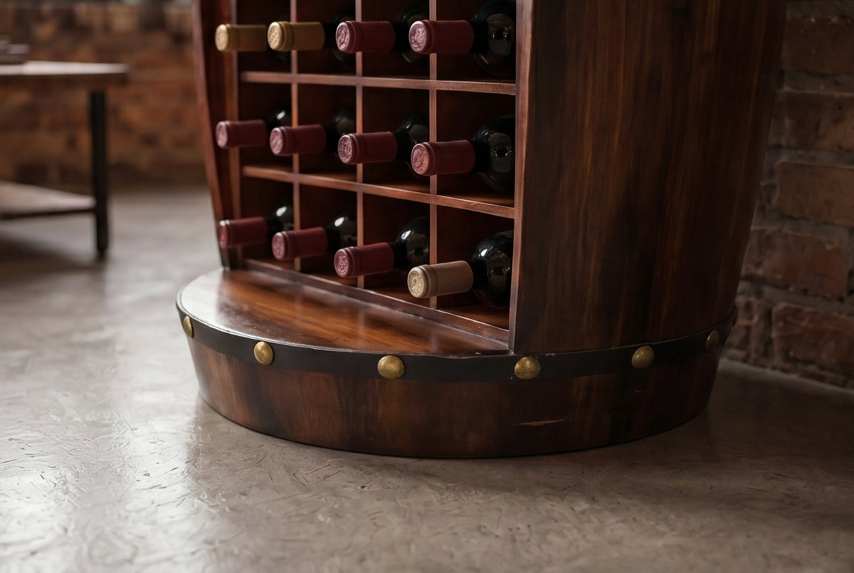 Casier à vin massif BODEGA 97cm table de bar tonneau en pin marron café pour 24 bouteilles