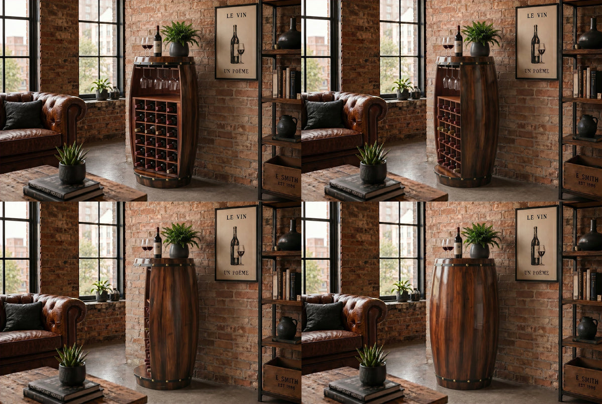 Casier à vin massif BODEGA 97cm table de bar tonneau en pin marron café pour 24 bouteilles