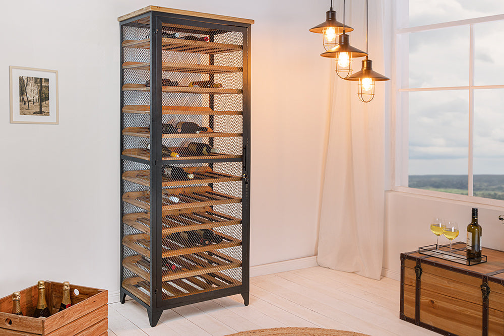Cave à vin design BODEGA 185cm casier à bouteilles en métal bois de sapin noir naturel