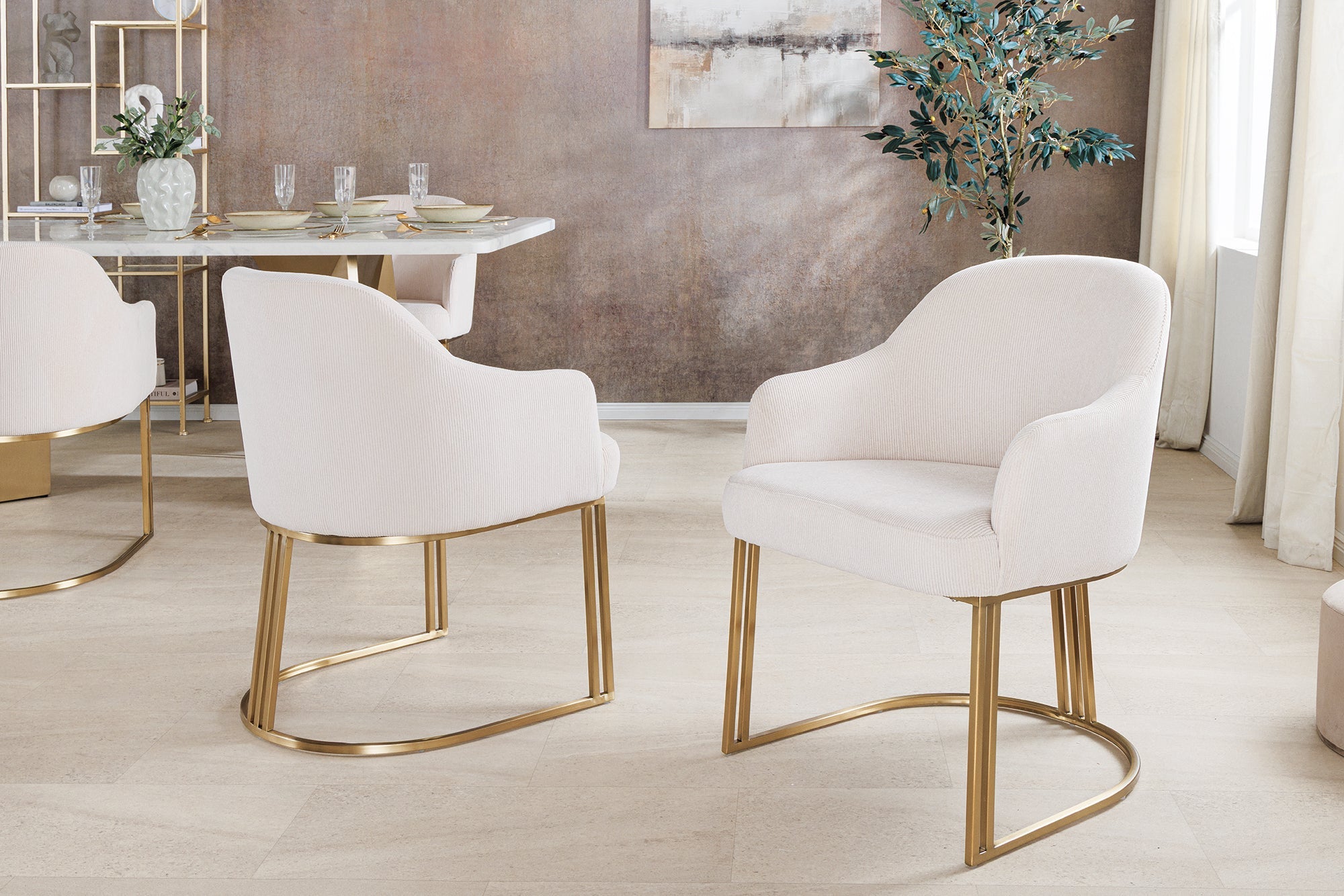 Lote de 2 sillas EXTRAVAGANCIA beige con reposabrazos, cordón de metal cepillado, oro champán