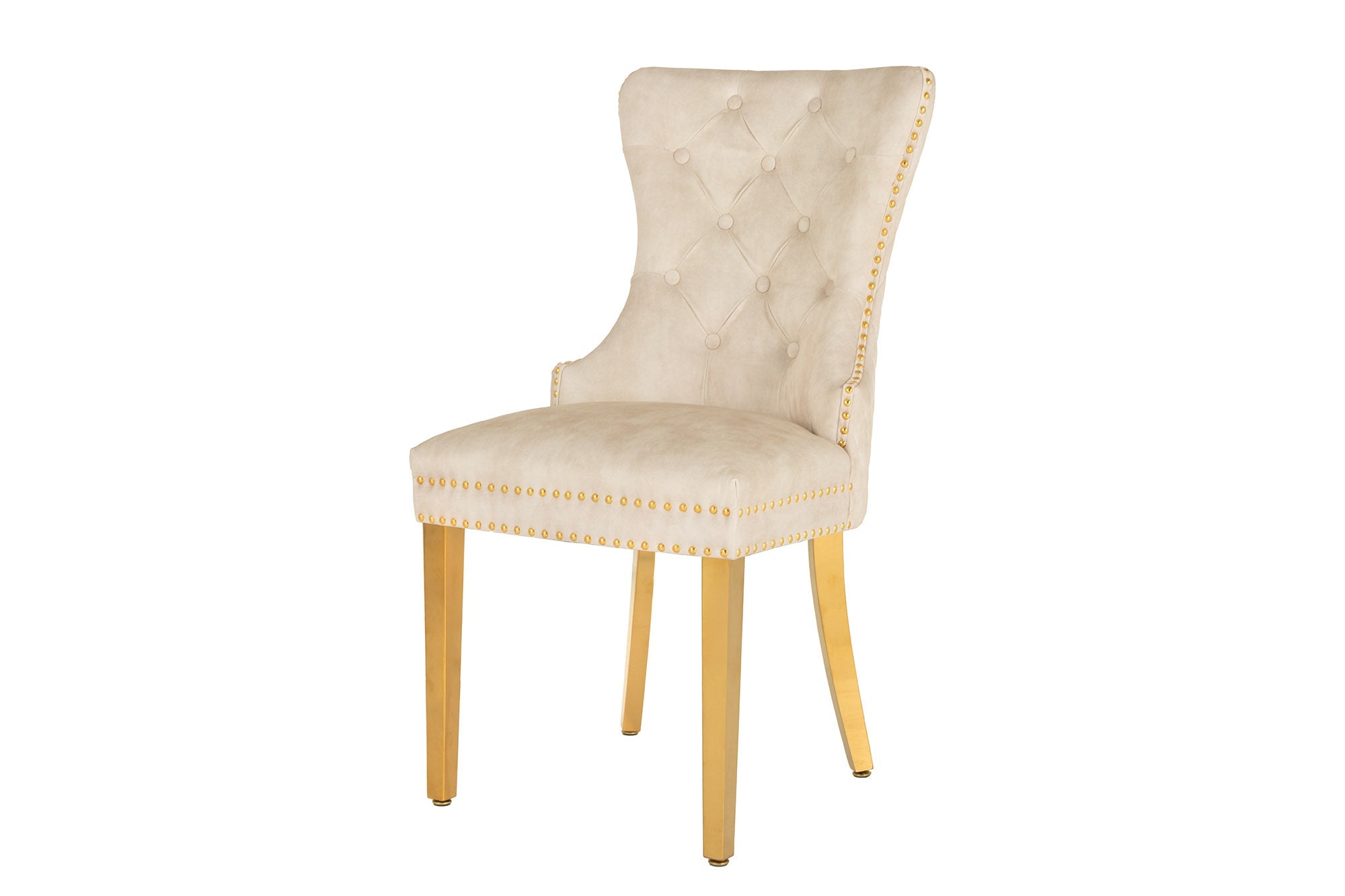 Lote de 2 sillas barrocas de terciopelo beige CASTLE DELUXE de acero inoxidable dorado con remaches decorativos en forma de cabeza de león