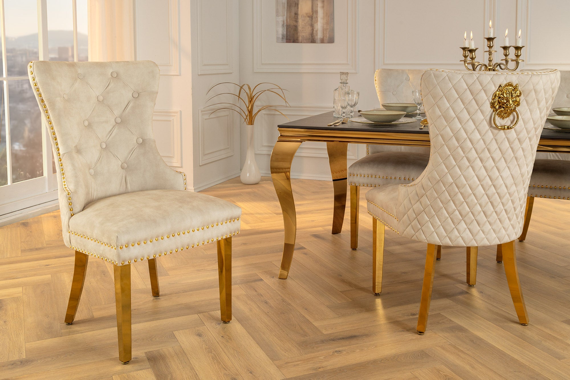 Lote de 2 sillas barrocas de terciopelo beige CASTLE DELUXE de acero inoxidable dorado con remaches decorativos en forma de cabeza de león