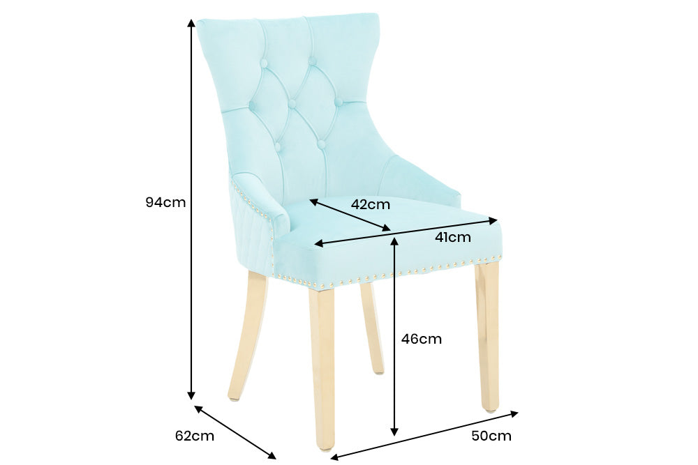 Lot de 2x chaises baroque CASTLE DELUXE velours bleu acier inoxydable doré avec tête de lion Chesterfield
