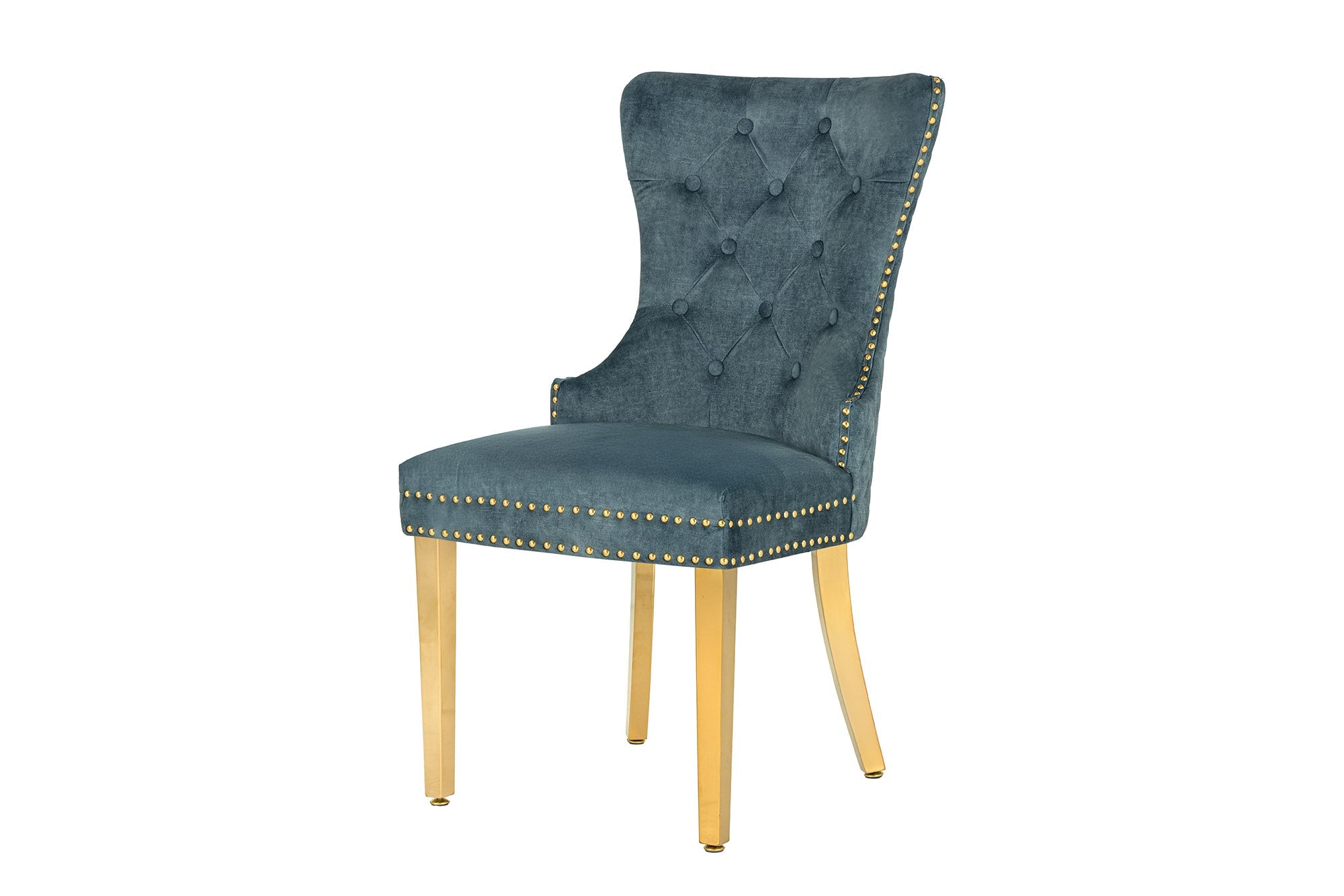Lote de 2x sillas barrocas CASTLE DELUXE terciopelo azul acero inoxidable oro con cabeza de león Chesterfield