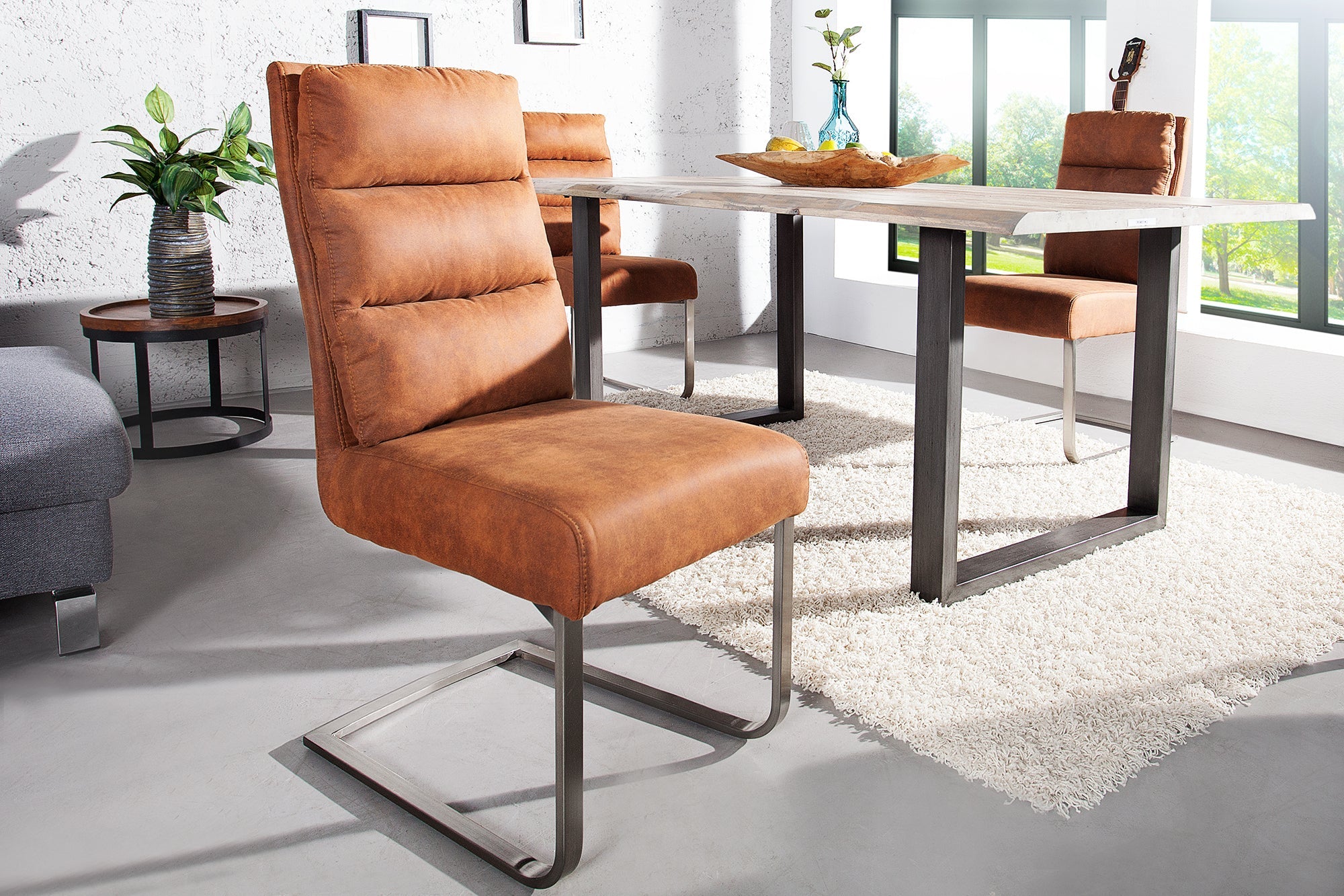 Lote de 2 sillas basculantes de diseño COMFORT de color marrón claro con estructura de acero inoxidable