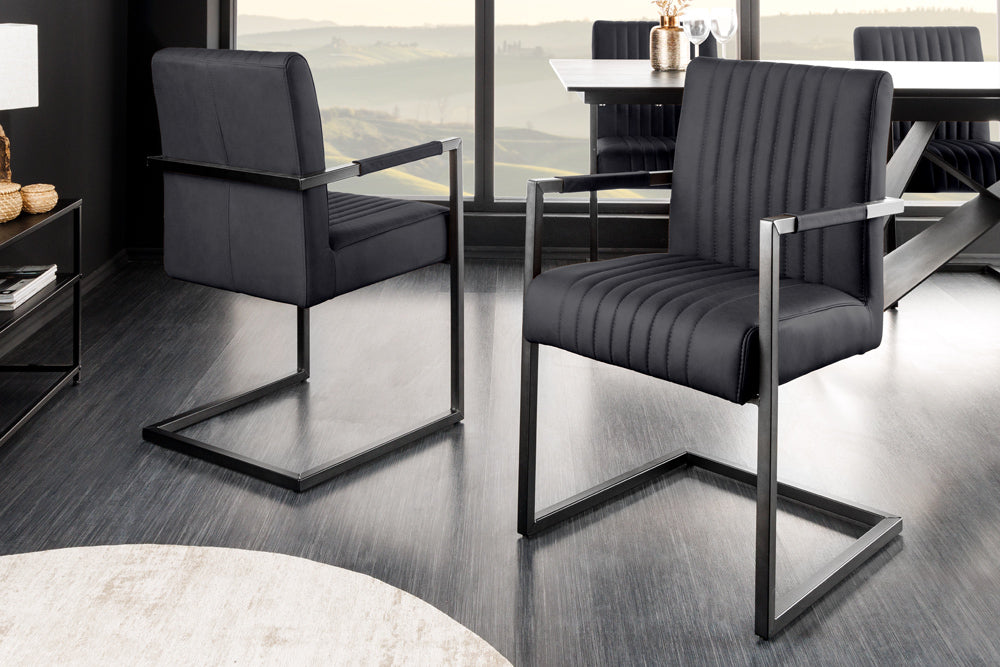 Chaise cantilever moderne BIG ASTON cuir véritable noir ressorts ensachés noyau métal