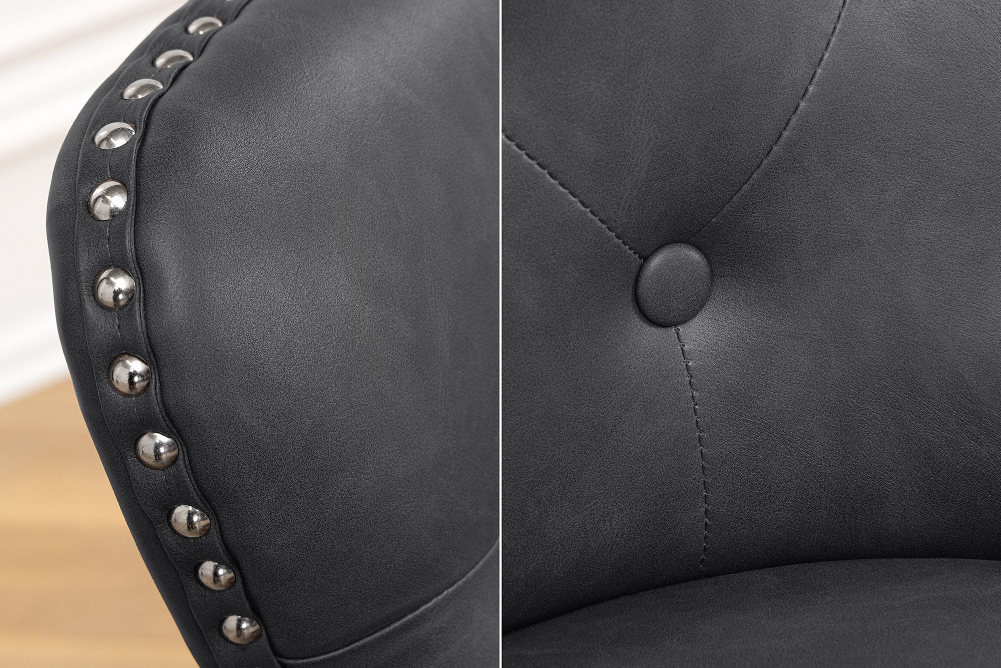 Lot 2x Chaises Chesterfield CASTLE en similicuir noir et bois massif avec poignée confort