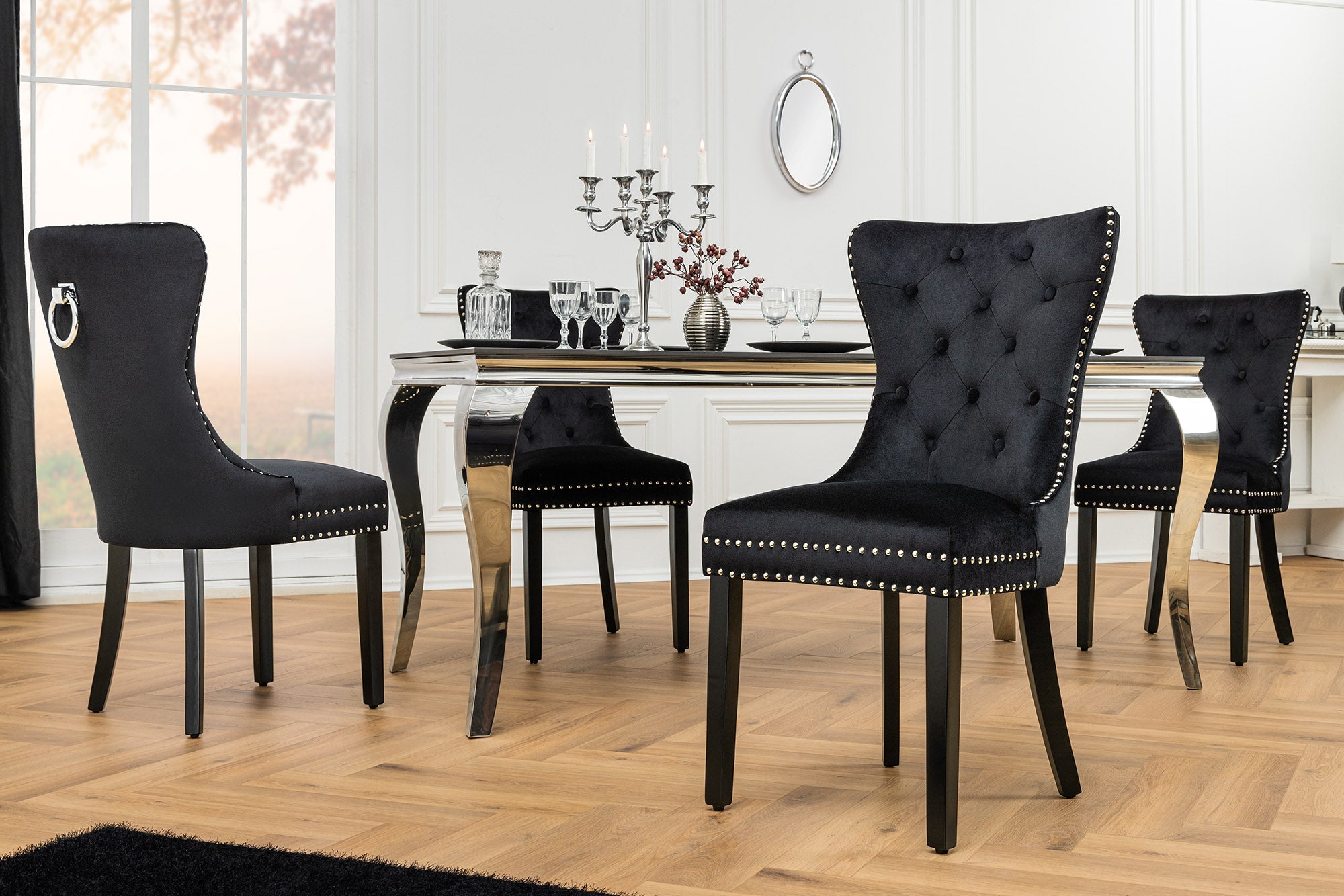 Lote de 2x sillones CASTLE Chesterfield terciopelo negro madera maciza remaches decorativos con asa confort