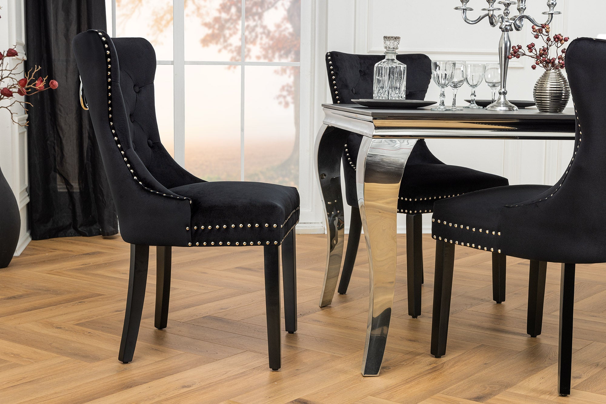 Lote de 2x sillones CASTLE Chesterfield terciopelo negro madera maciza remaches decorativos con asa confort