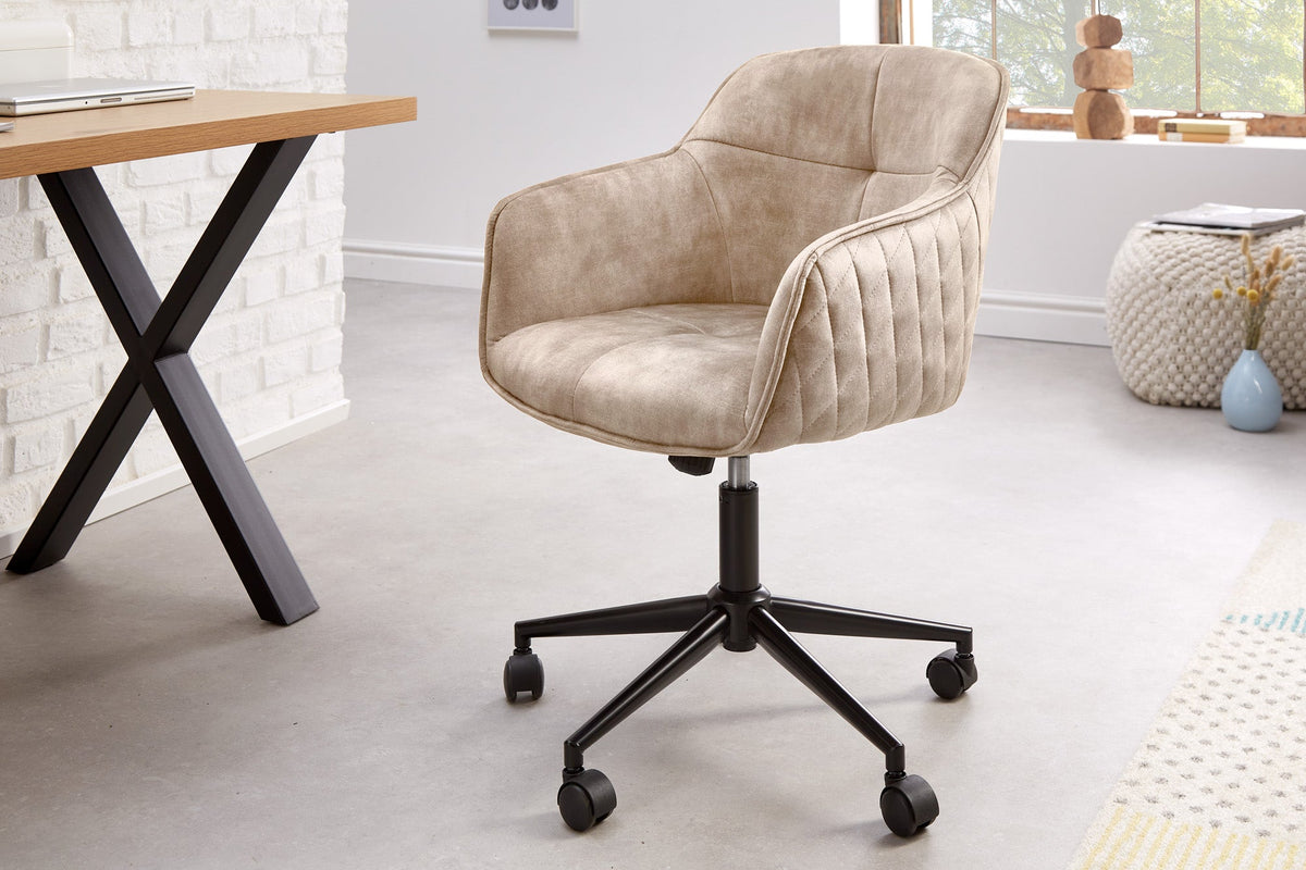 Chaise de bureau design réglable en hauteur EUPHORIA velours grège champagne pivotant matelassé décoratif