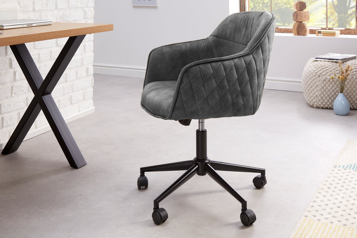 Chaise de bureau réglable en hauteur EUPHORIA velours gris foncé avec surpiqûre décorative