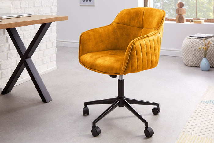 Chaise de bureau réglable en hauteur EUPHORIA velours jaune moutarde avec matelassage décoratif