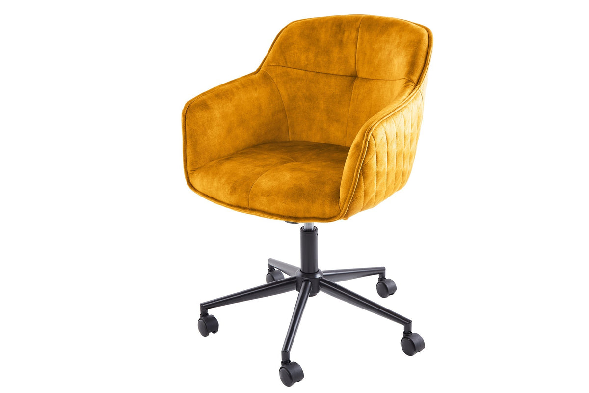 Chaise de bureau réglable en hauteur EUPHORIA velours jaune moutarde avec matelassage décoratif