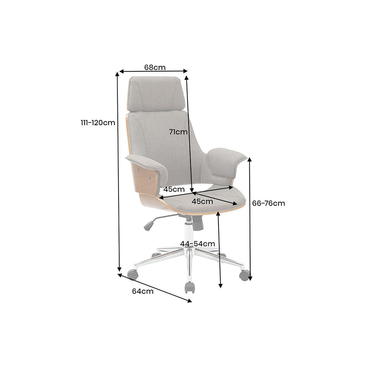 Chaise de bureau réglable en hauteur MANHATTAN noyer gris avec accoudoir rotatif