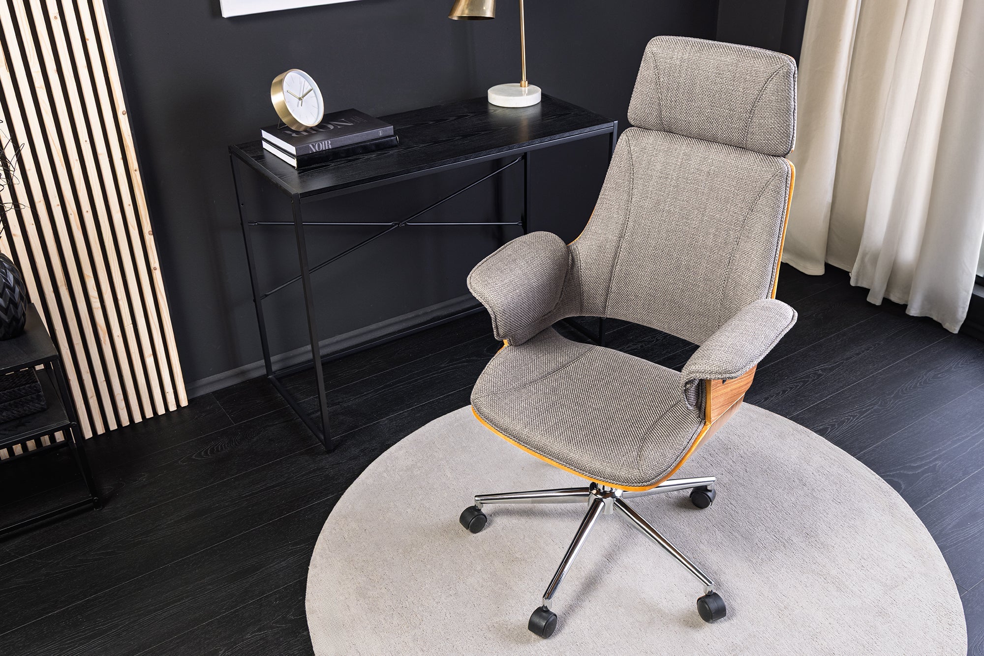 Chaise de bureau réglable en hauteur MANHATTAN noyer gris avec accoudoir rotatif