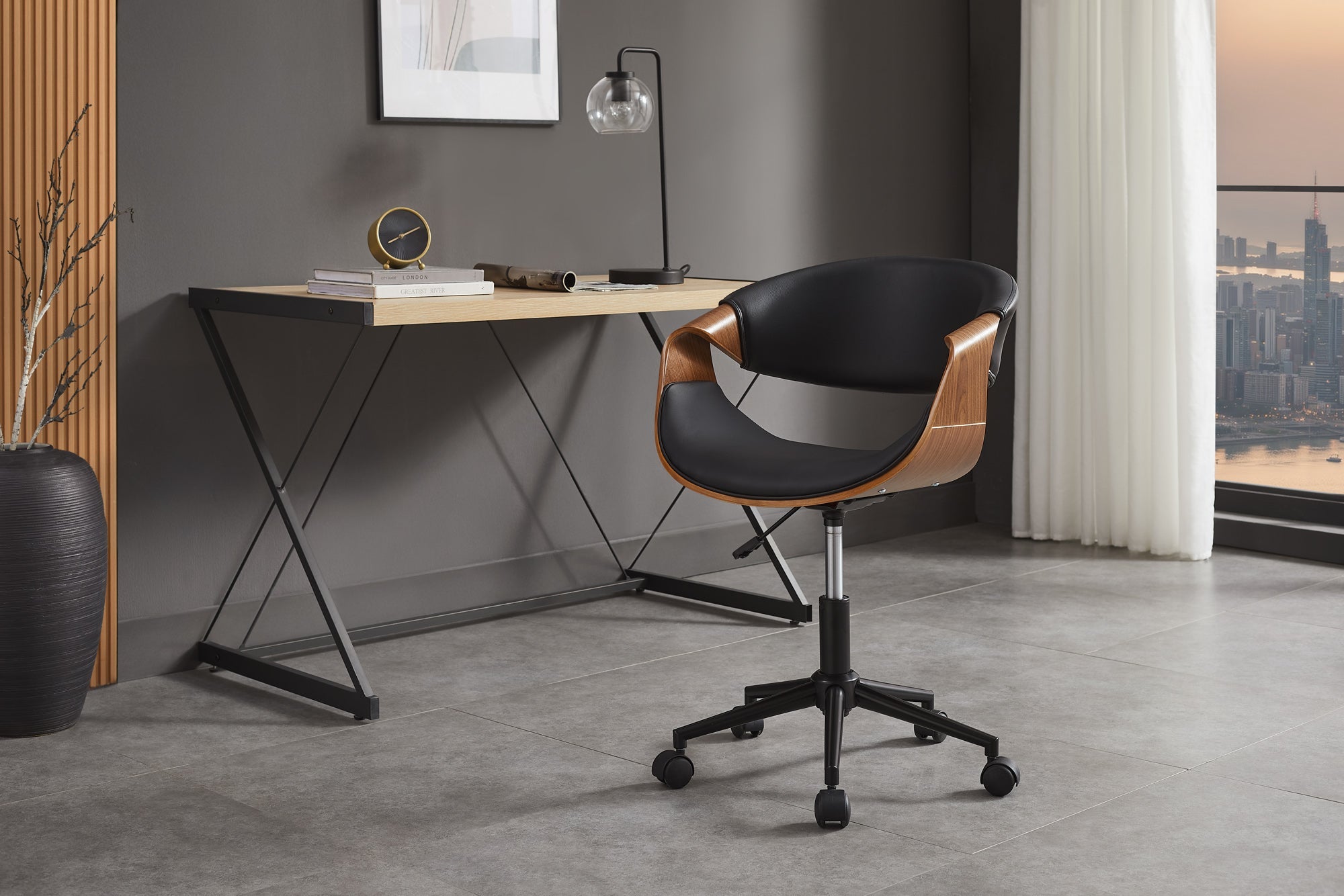 Chaise de bureau réglable en hauteur ORGANIC simili cuir noir marron noyer rotative
