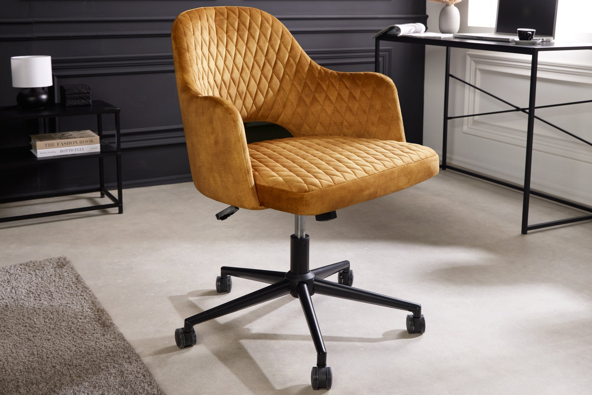 Lote de 2 sillas de oficina regulables en altura PARIS amarillo mostaza terciopelo negro reposabrazos silla giratoria