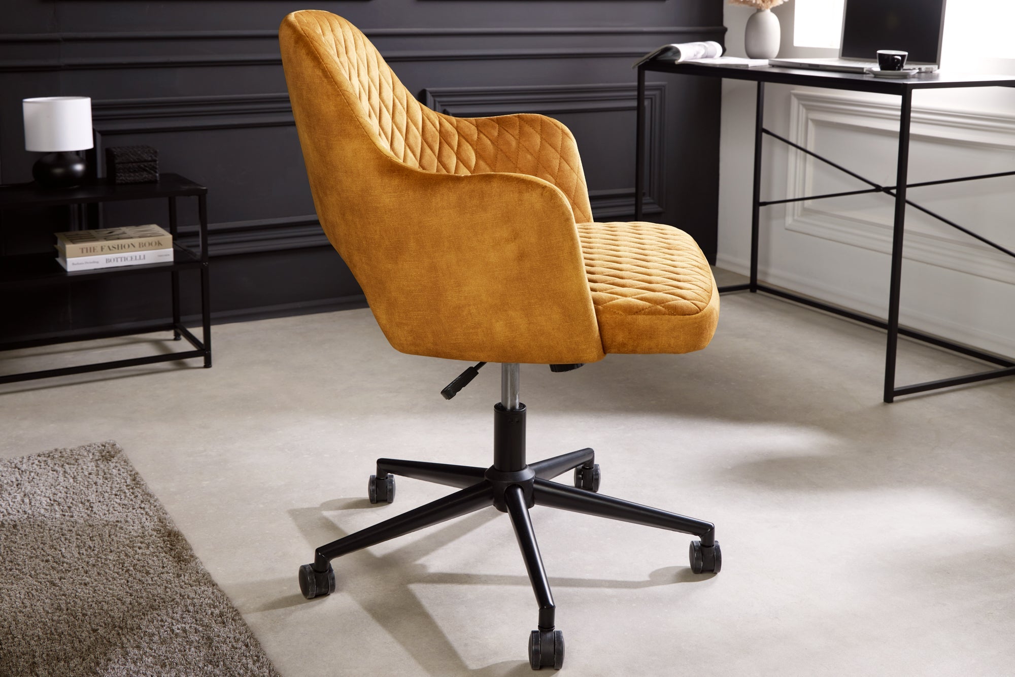 Lote de 2 sillas de oficina regulables en altura PARIS amarillo mostaza terciopelo negro reposabrazos silla giratoria