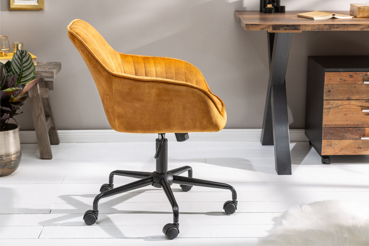 Chaise de bureau réglable en hauteur TURIN velours jaune moutarde avec accoudoirs chaise pivotante