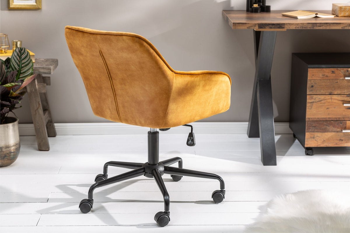 Chaise de bureau réglable en hauteur TURIN velours jaune moutarde avec accoudoirs chaise pivotante
