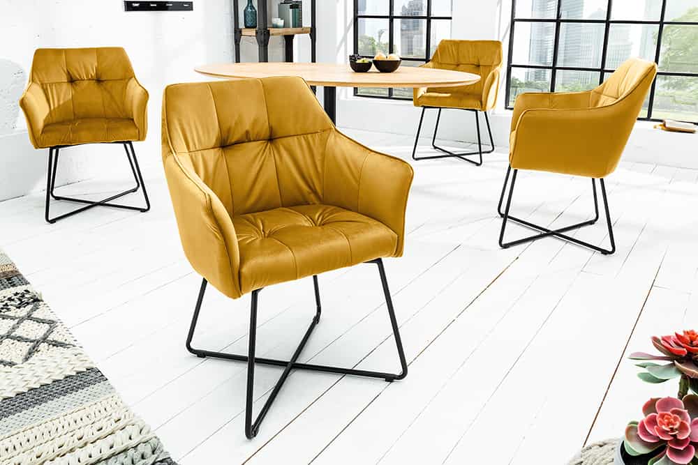 Juego de 2 exclusivas sillas de diseño LOFT de terciopelo amarillo mostaza con reposabrazos