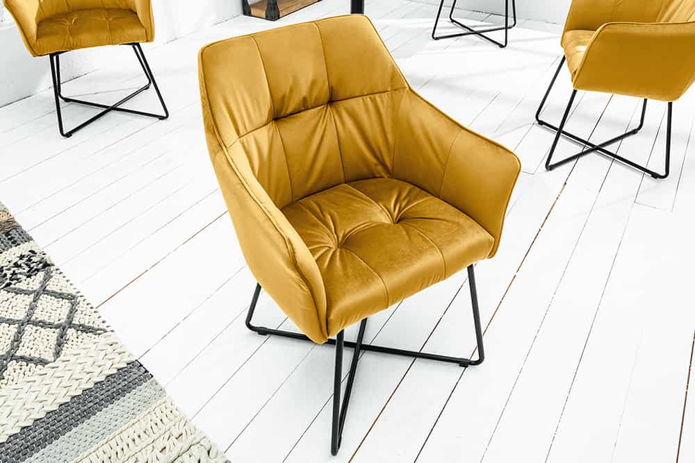 Juego de 2 exclusivas sillas de diseño LOFT de terciopelo amarillo mostaza con reposabrazos