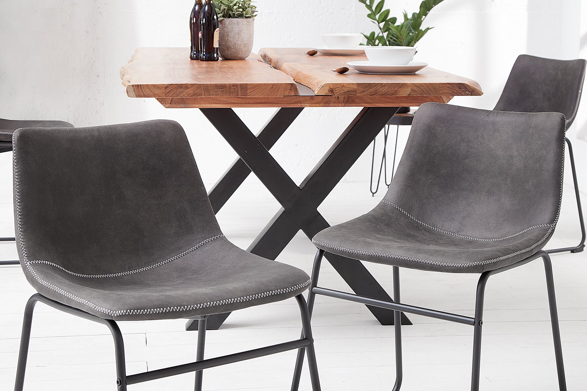Lote de 2x sillas de diseño industrial DJANGO gris vintage con estructura de hierro