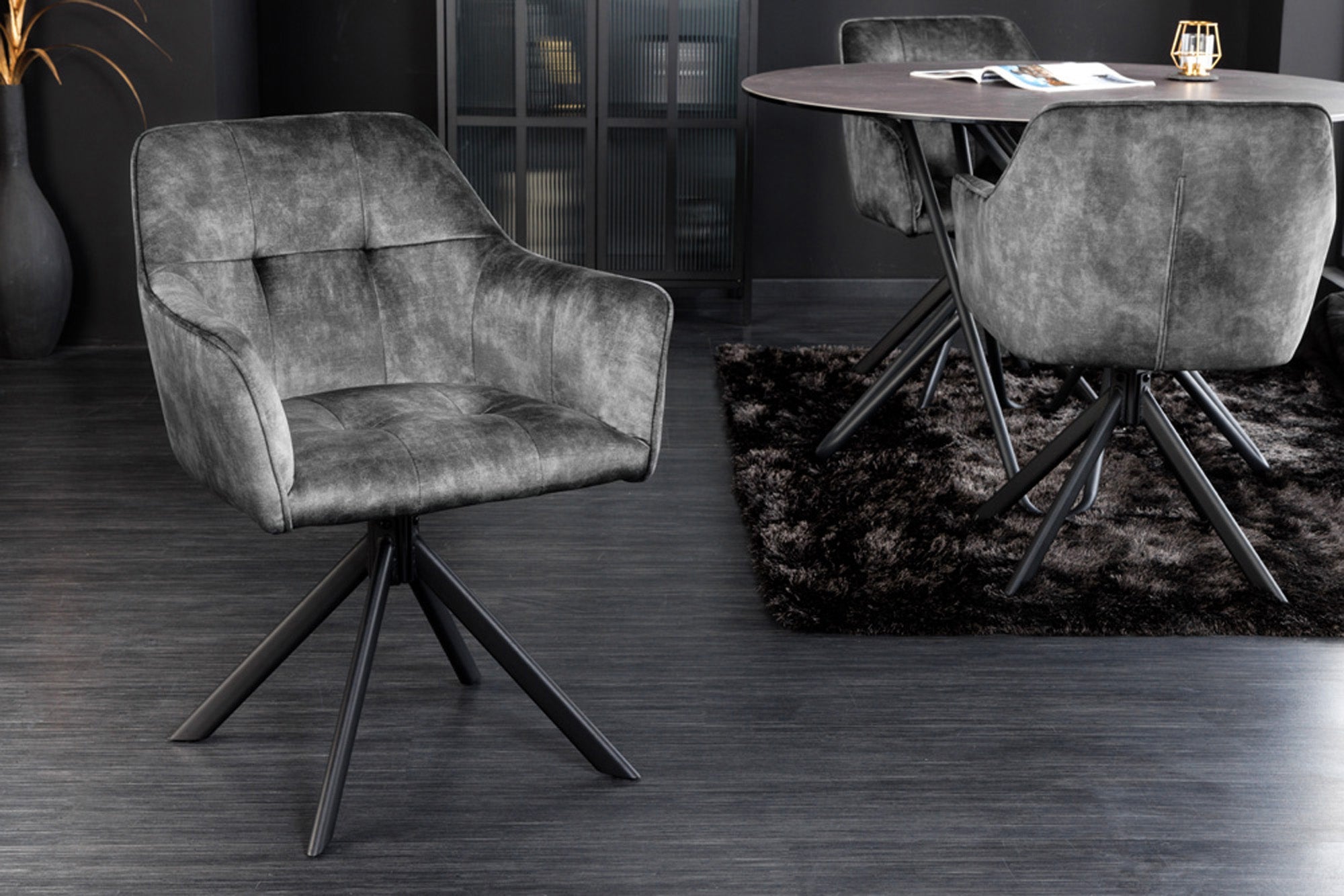 Lote de 2 sillas giratorias LOFT de terciopelo gris oscuro con estructura y reposabrazos de metal negro