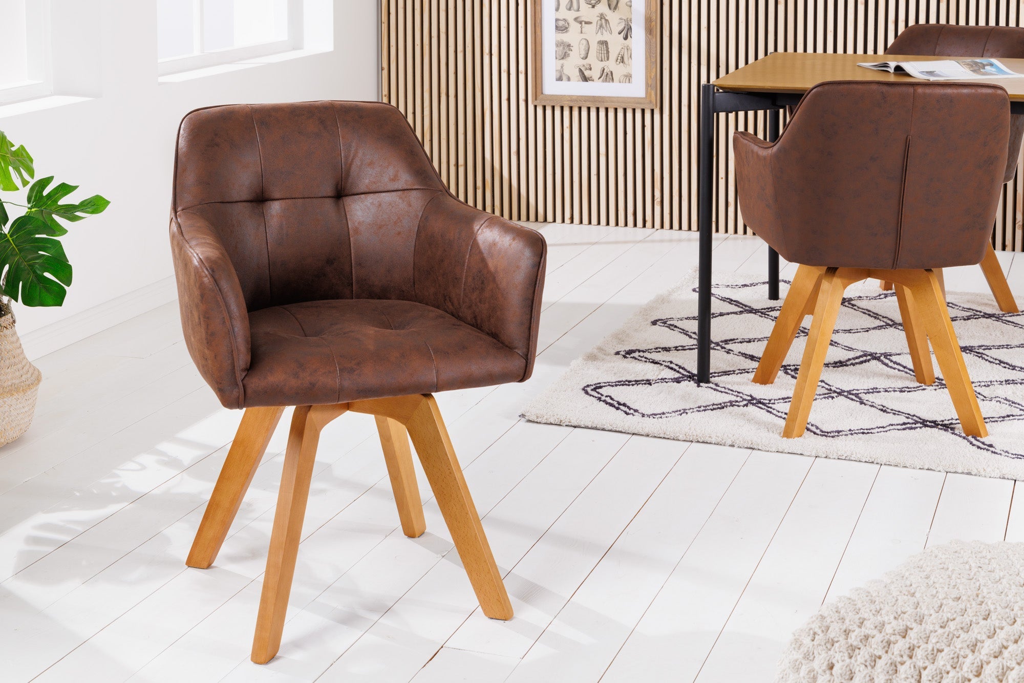 Lote de 2 sillas giratorias de microfibra marrón antiguo de diseño LOFT en haya maciza con reposabrazos