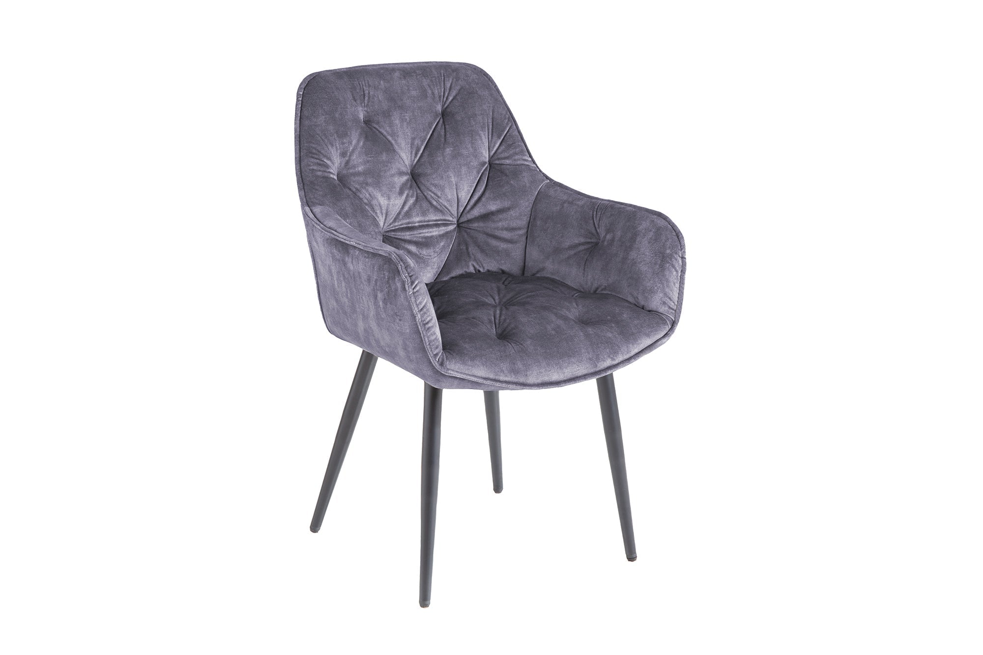 Chaise design MILANO en velours gris avec accoudoirs matelassés décoratifs et pieds en métal noir rembourrés