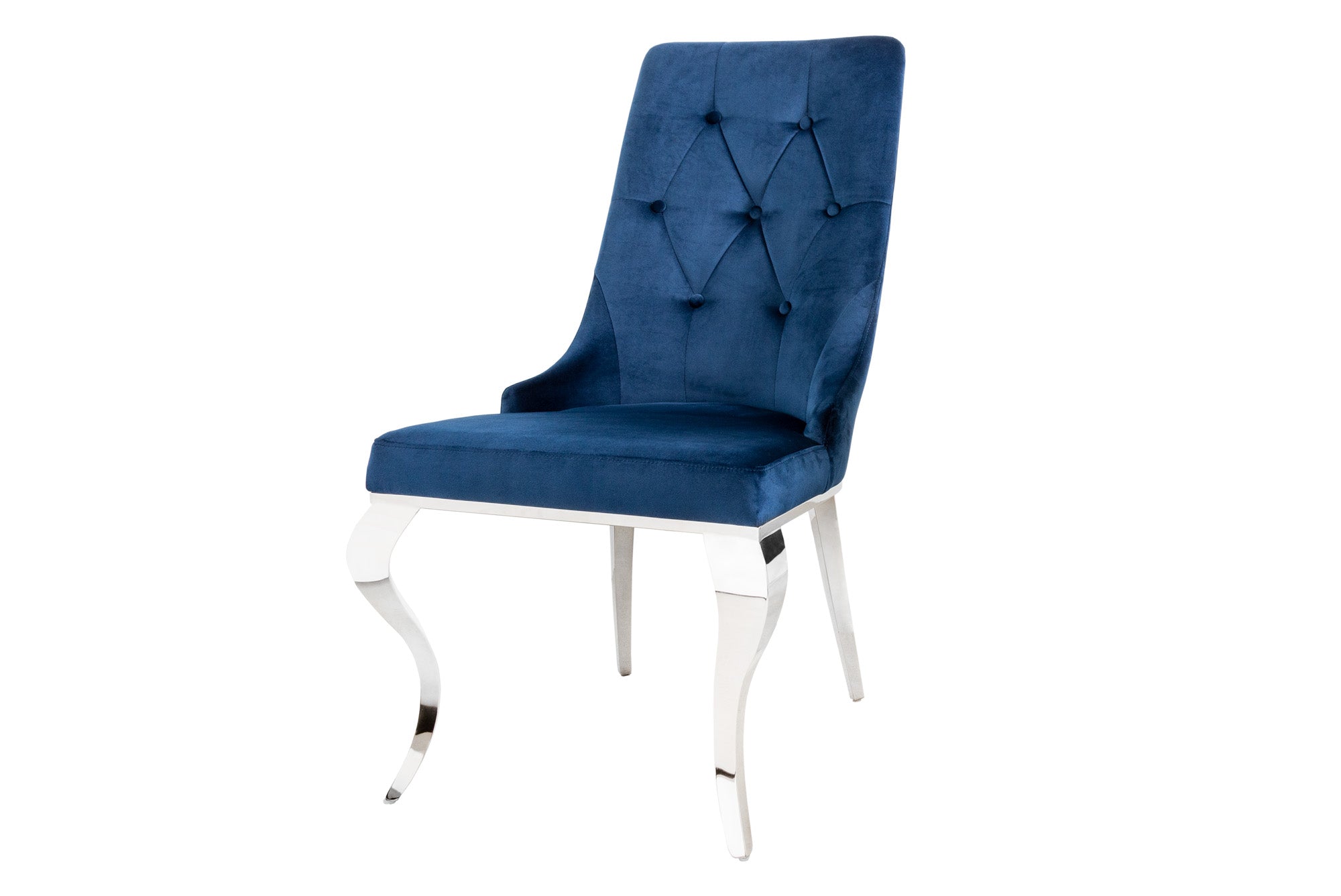 Juego de 2x sillas de diseño BARROCO MODERNO en terciopelo azul real con cabeza de león plateada