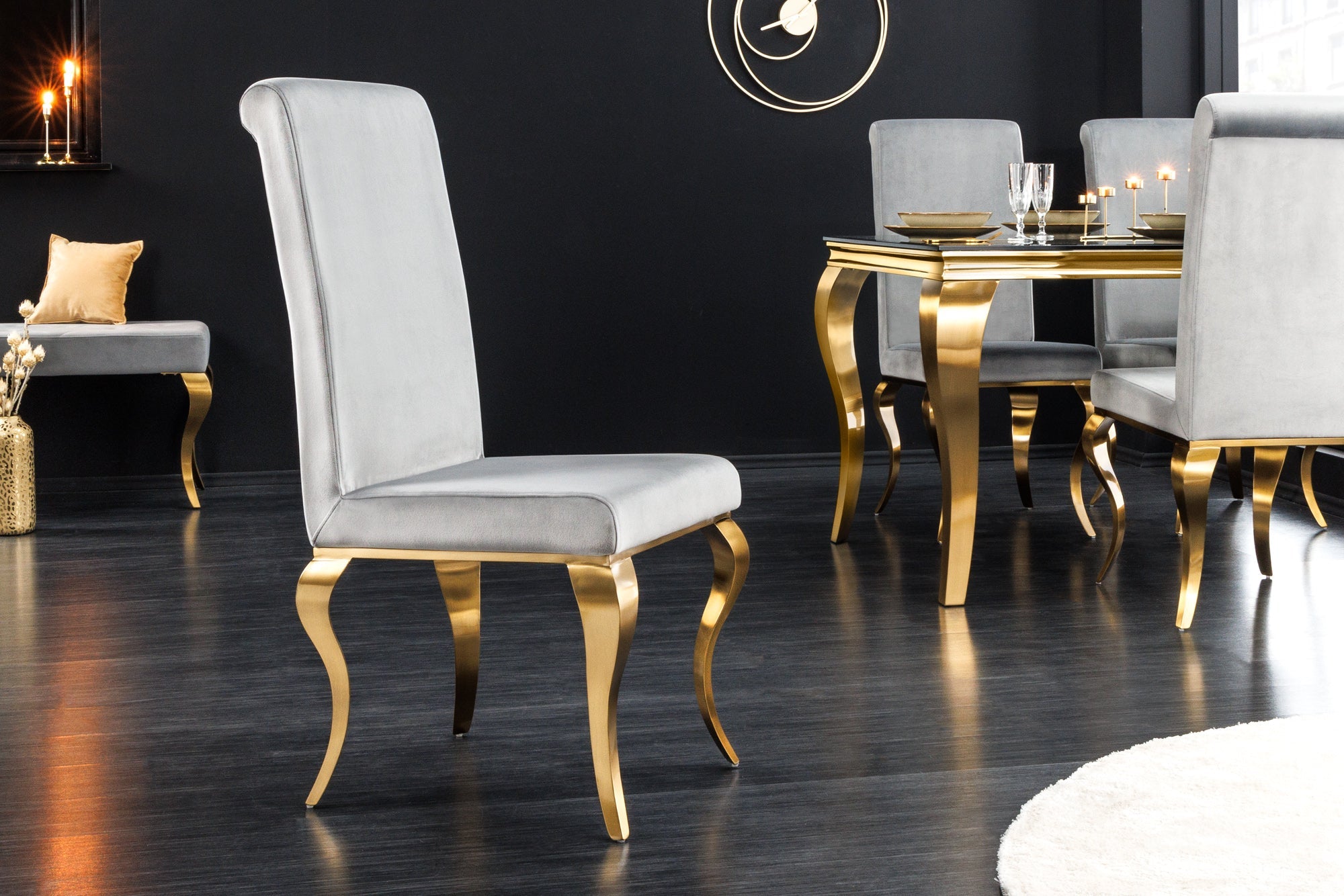 Lote de 2x sillas de diseño MODERNE BAROQUE terciopelo gris con patas doradas