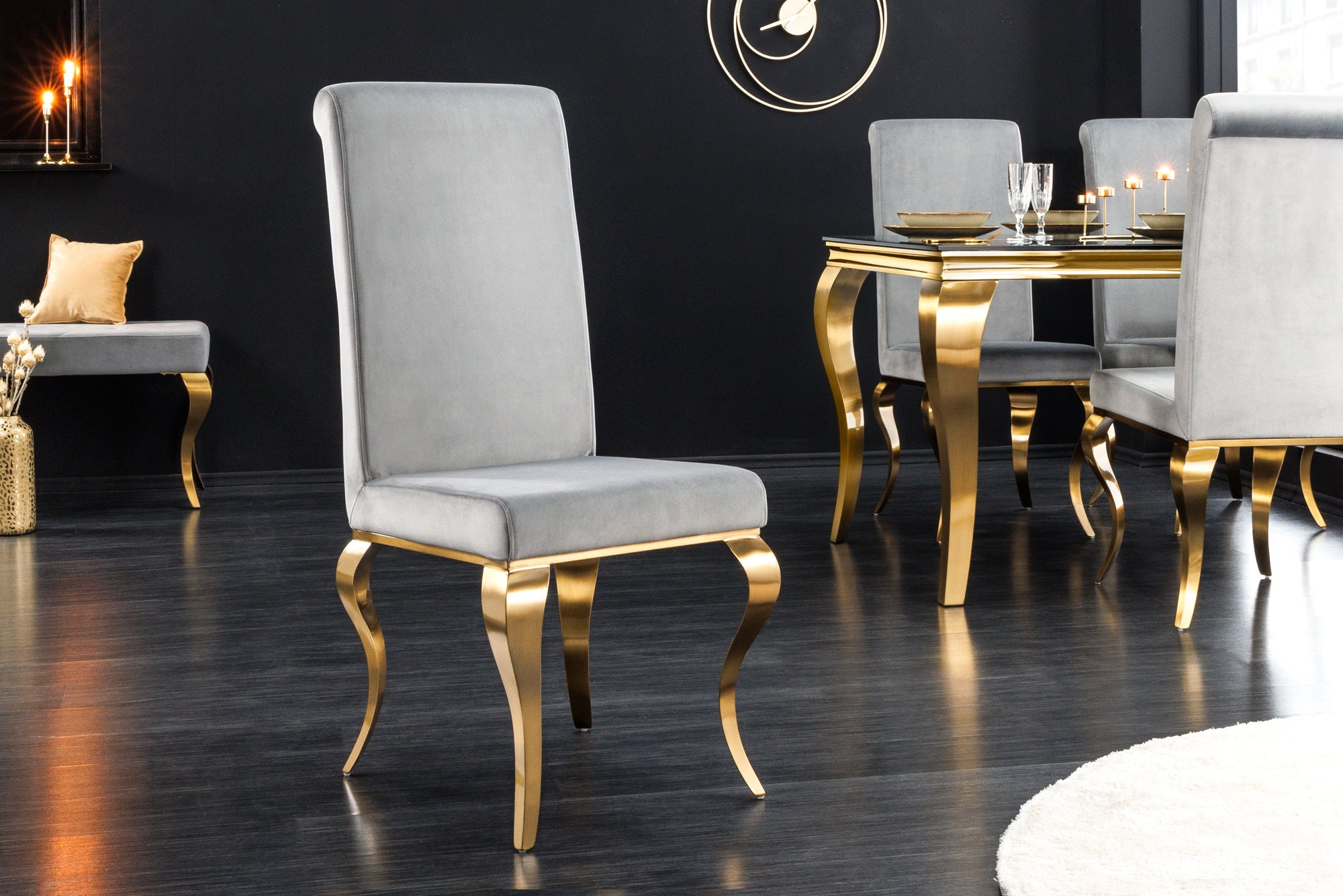 Lote de 2x sillas de diseño MODERNE BAROQUE terciopelo gris con patas doradas