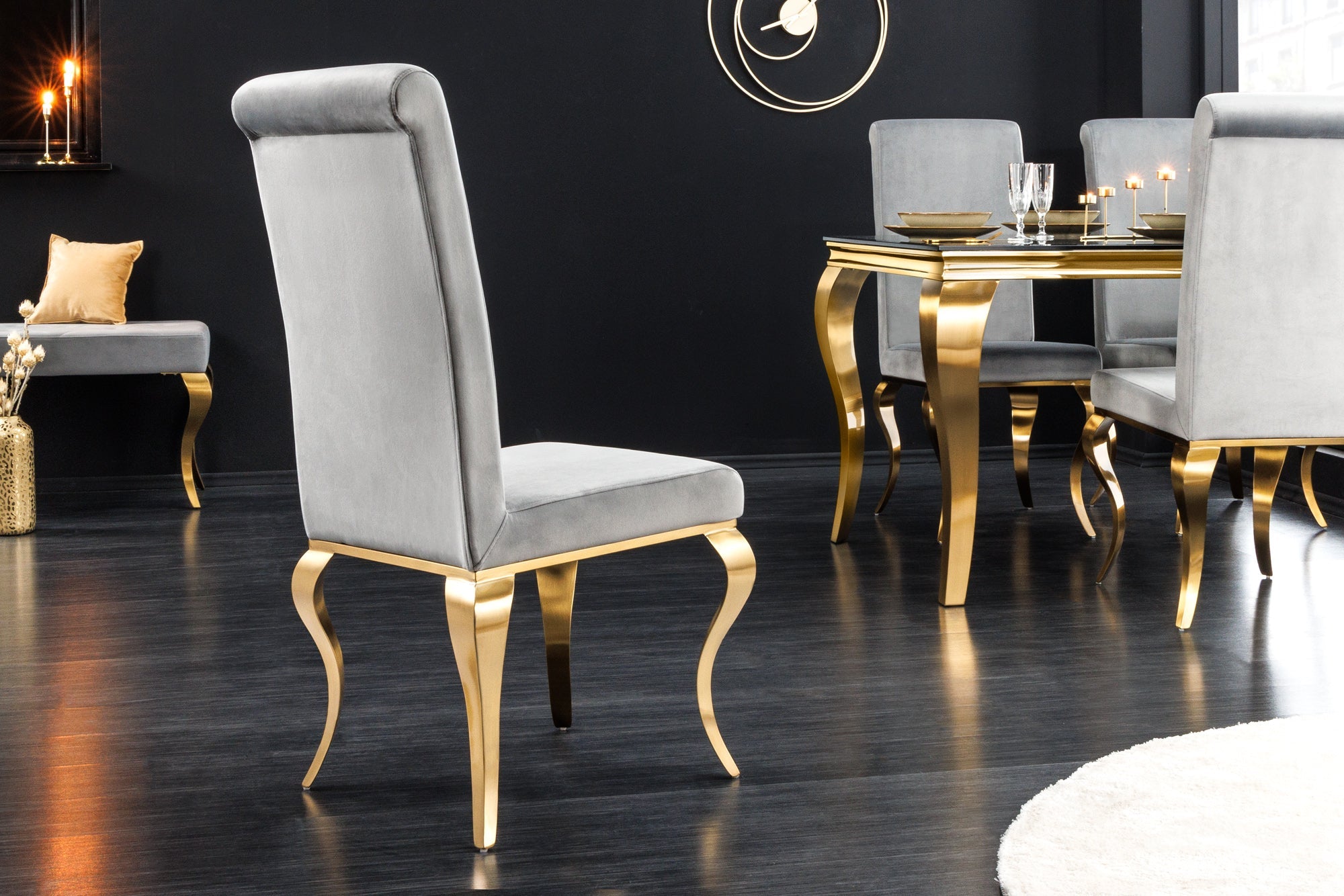 Lote de 2x sillas de diseño MODERNE BAROQUE terciopelo gris con patas doradas