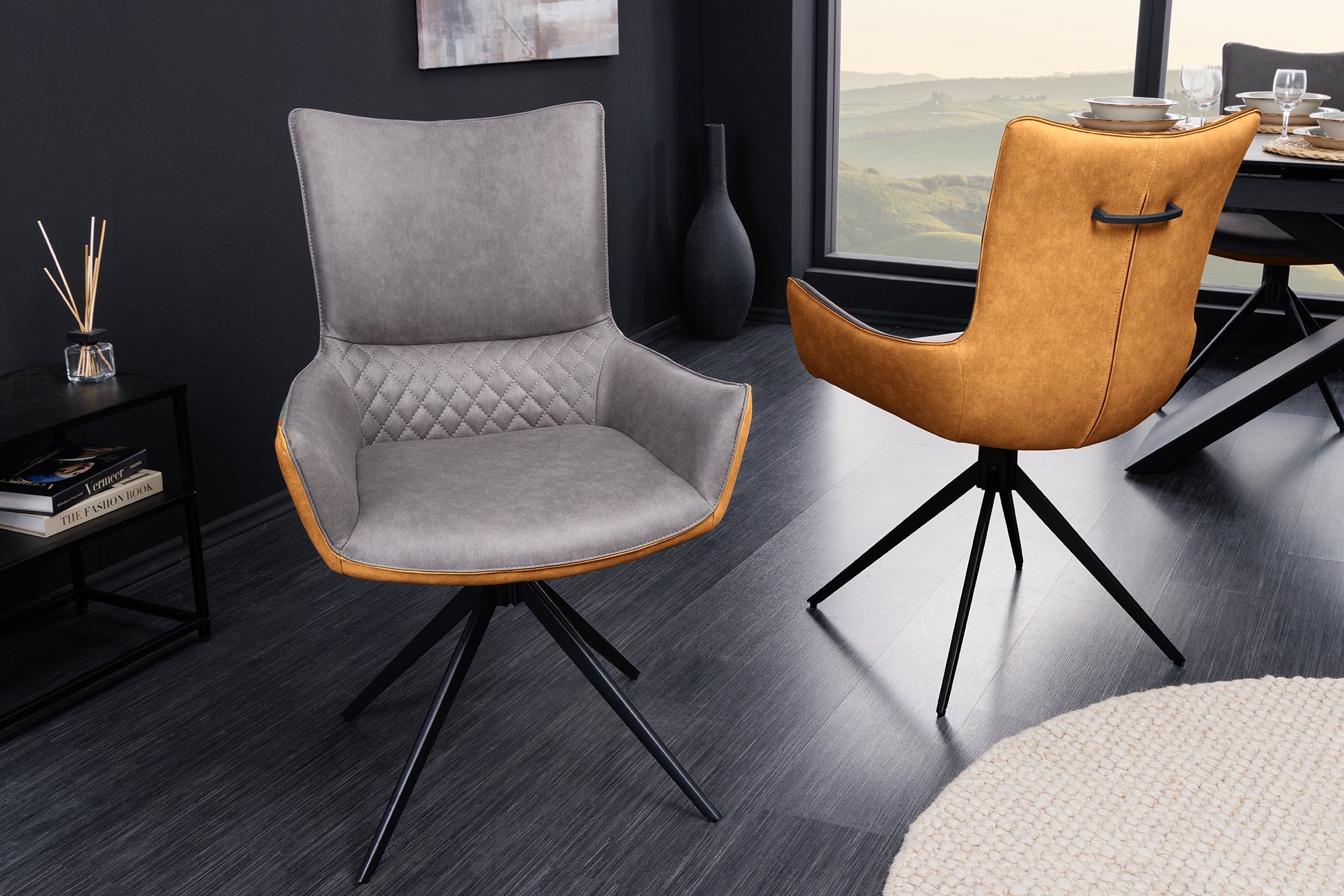 Lote de 2x sillas giratorias de diseño ALPINE gris marrón negro patas metal apoyabrazos