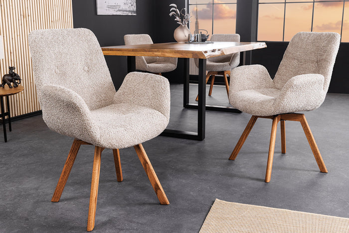 Lot de 2x chaises design pivotante BALTIC beige Bouclé pieds en bois massif de chêne naturel avec accoudoirs