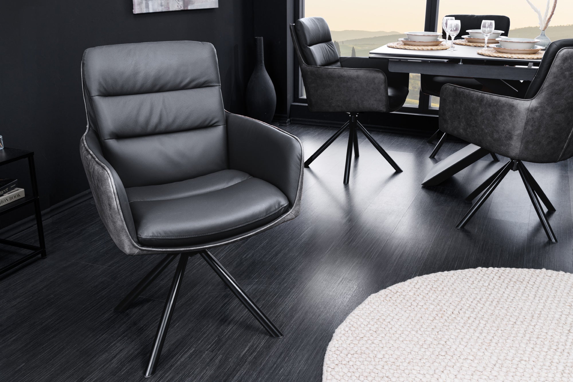 BIG GEORGE sillón giratorio de diseño antracita negro en auténtica piel de microfibra con reposabrazos