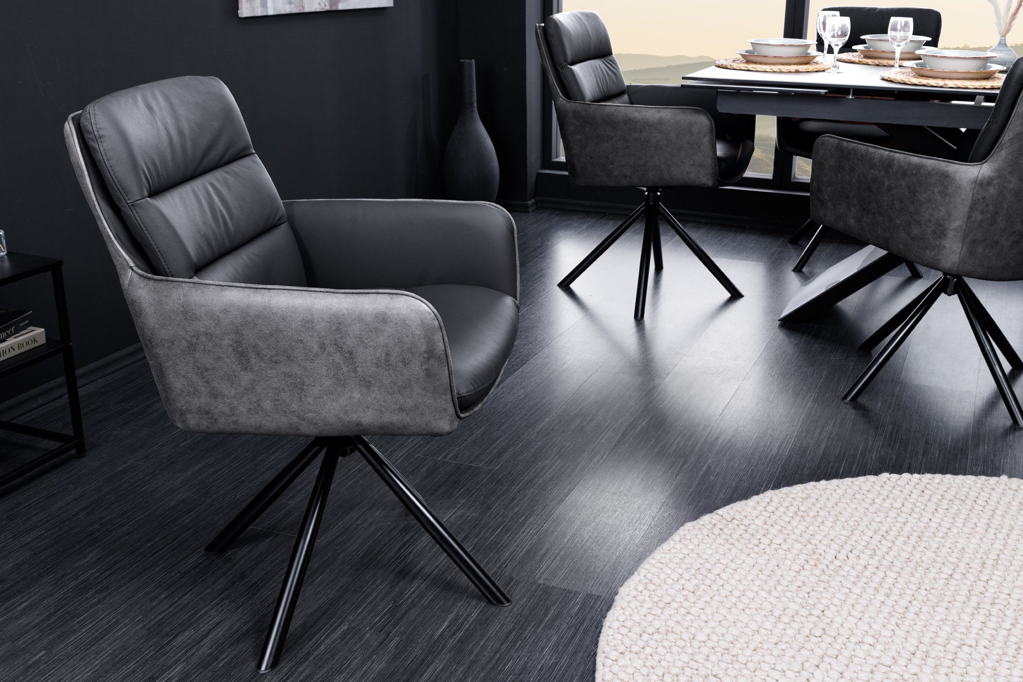 BIG GEORGE sillón giratorio de diseño antracita negro en auténtica piel de microfibra con reposabrazos