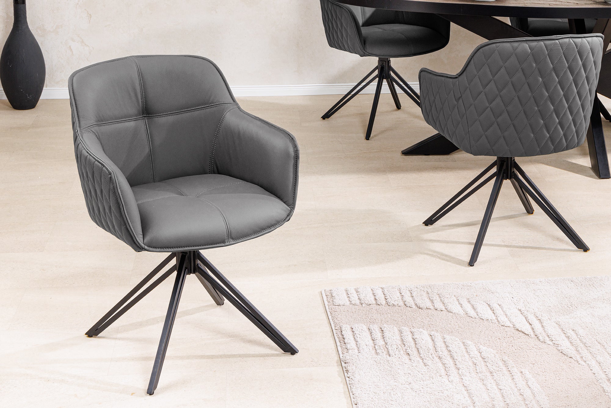 Juego de 2 sillas giratorias de diseño EUPHORIA de cuero auténtico gris, estructura de metal negro con reposabrazos