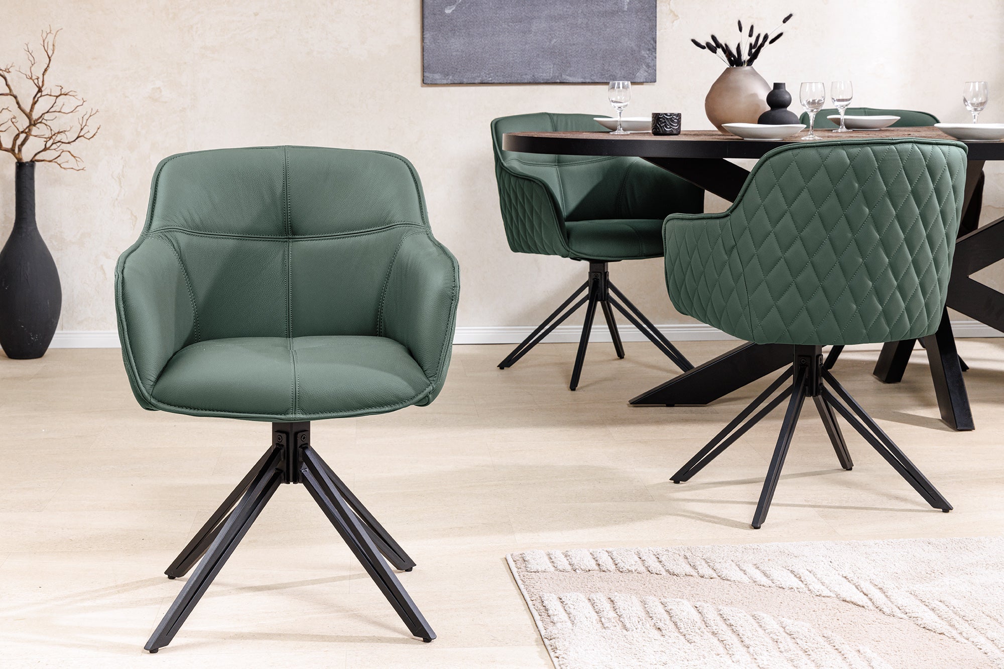 Juego de 2 sillas giratorias de diseño EUPHORIA de cuero auténtico verde, estructura de metal negro con reposabrazos