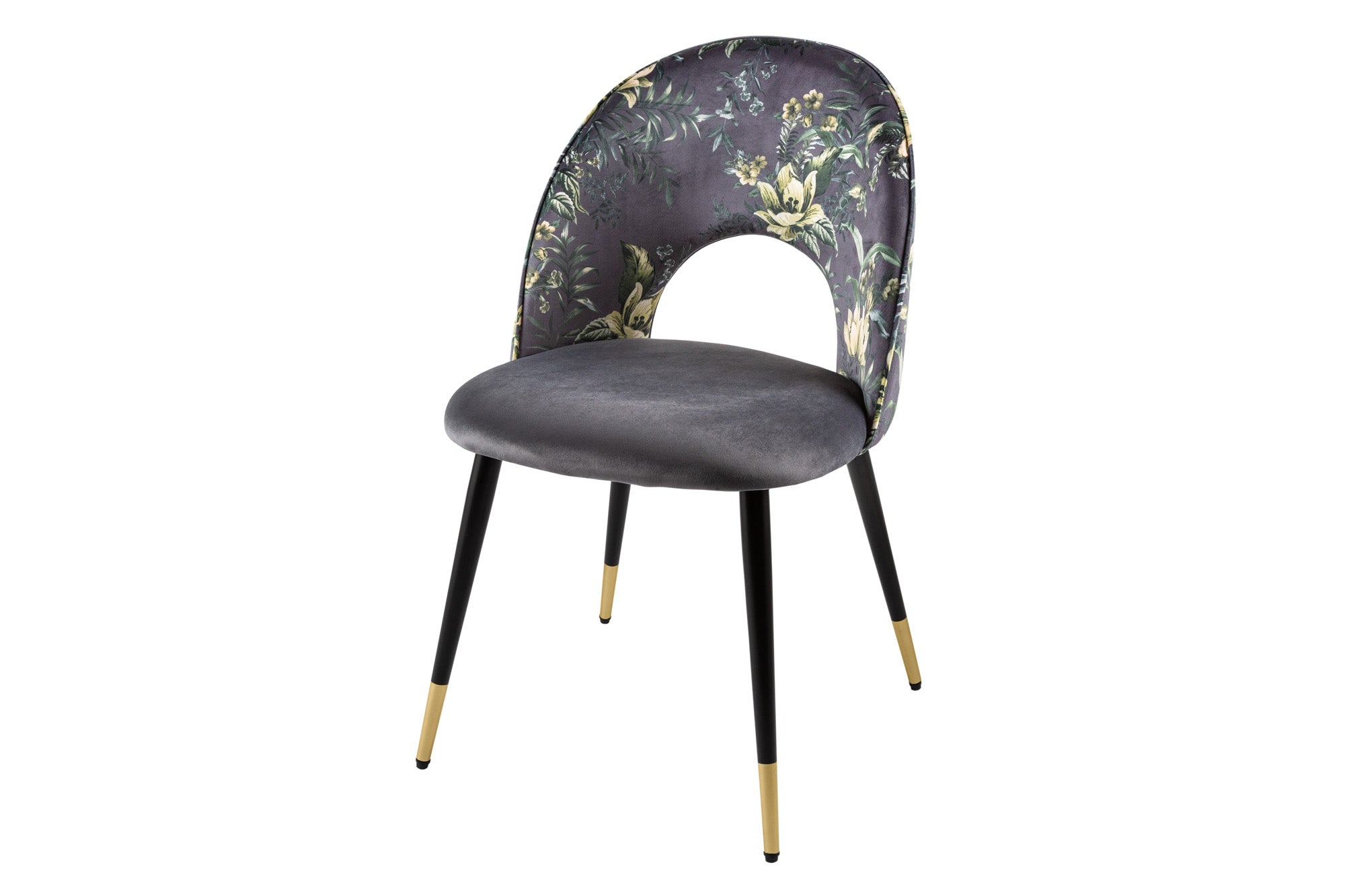 Lote de 2 sillas de diseño READY-TO-WEAR de terciopelo gris con motivos florales y patas doradas