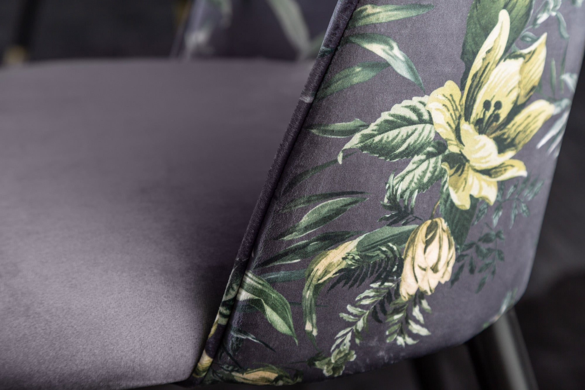 Lote de 2 sillas de diseño READY-TO-WEAR de terciopelo gris con motivos florales y patas doradas
