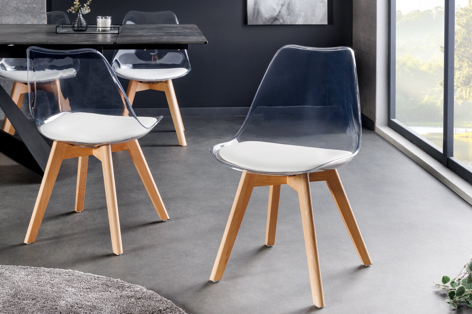 Juego de 2 sillas de diseño SCANDINAVIA MEISTERSTÜCK de plástico blanco transparente y madera de haya natural