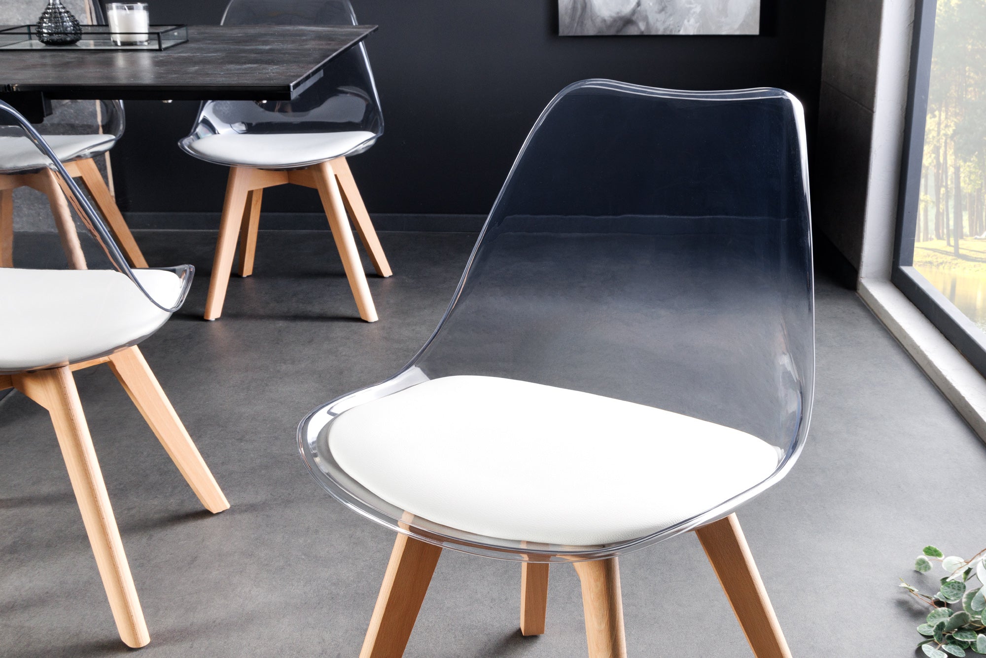 Juego de 2 sillas de diseño SCANDINAVIA MEISTERSTÜCK de plástico blanco transparente y madera de haya natural