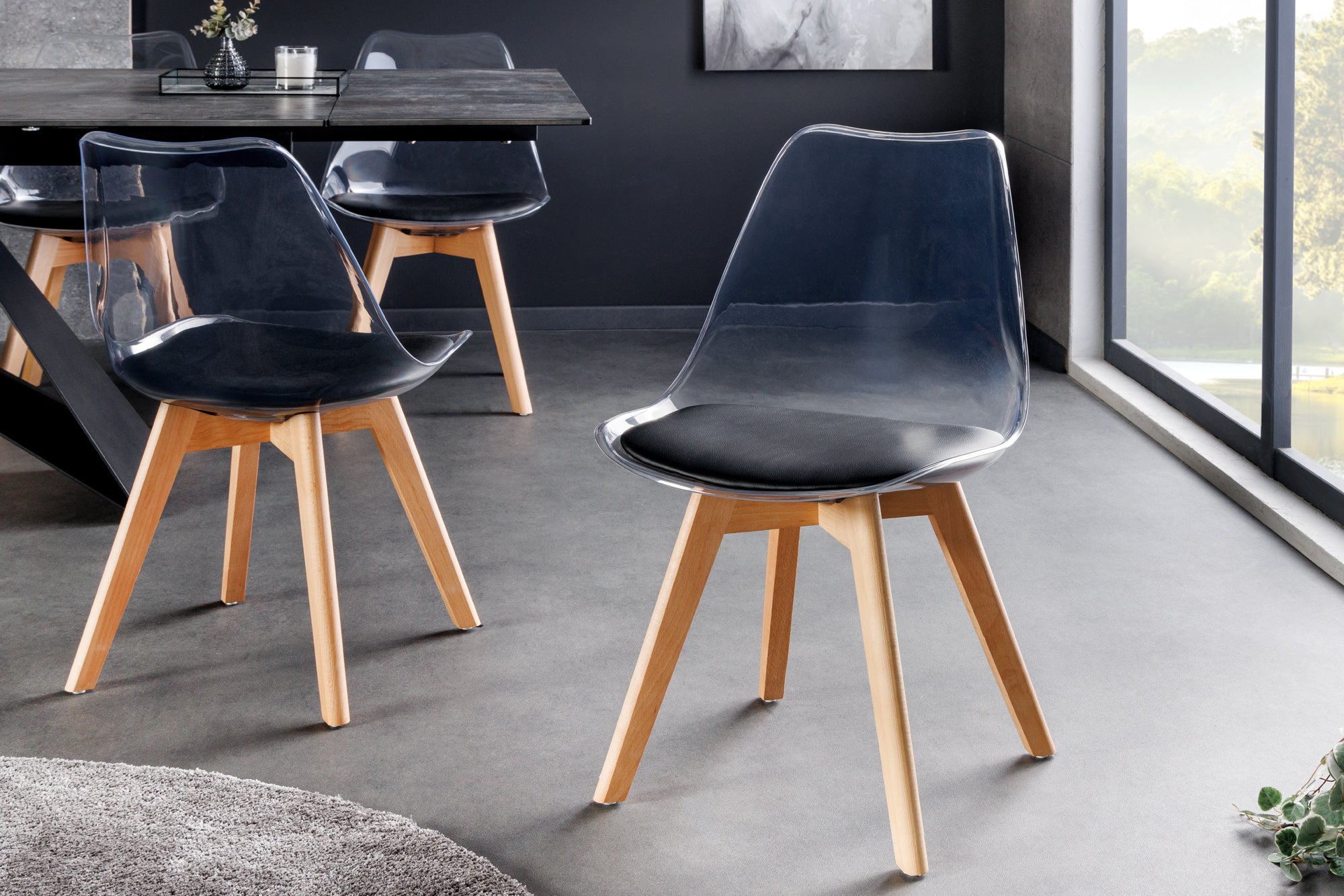Juego de 2 sillas de diseño SCANDINAVIA MEISTERSTÜCK de plástico negro transparente y madera de haya natural