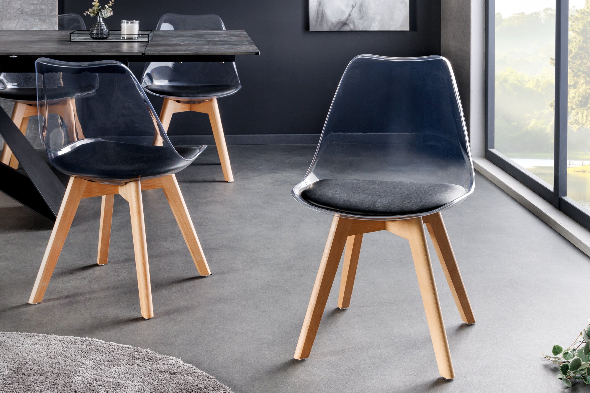Lot de 2x chaises design SCANDINAVIA MEISTERSTÜCK en plastique noir transparent et bois de hêtre naturel